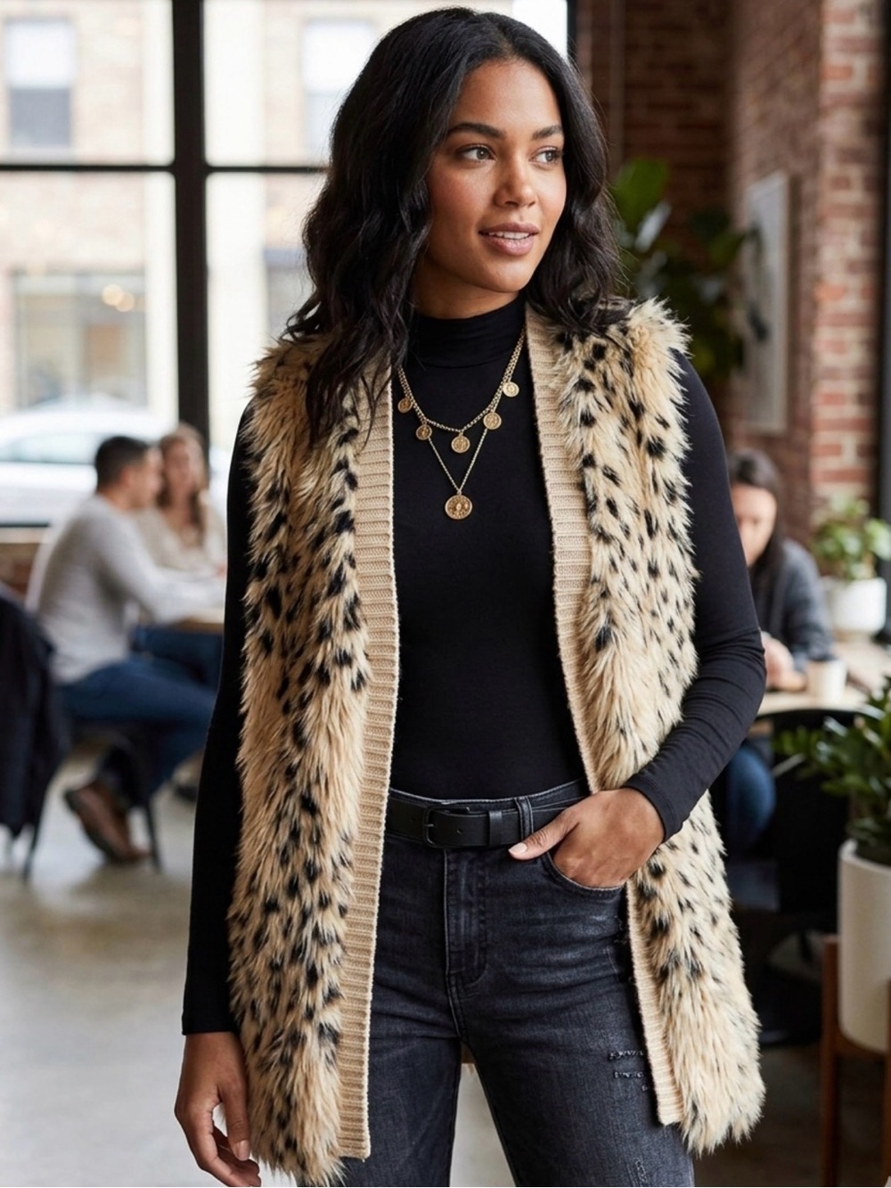Xhilaration Faux Fur Animal Print Vest in Tan and Black